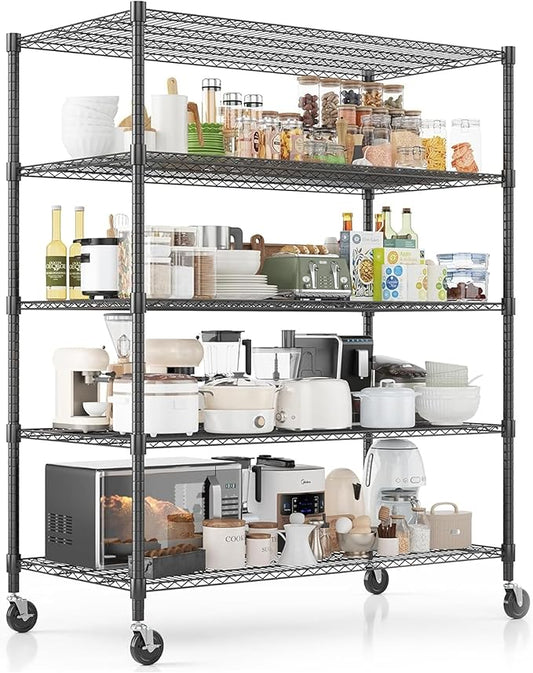 Xcity Storage Shelves, 5 Tier Heavy Duty Metal Shelving Unit with Wheels, 3000 LBS Capacity Adjustable Steel Wire Shelf Organizer for Pantry, Kitchen, Garage, 24" D x 55" W x 72" H, Black