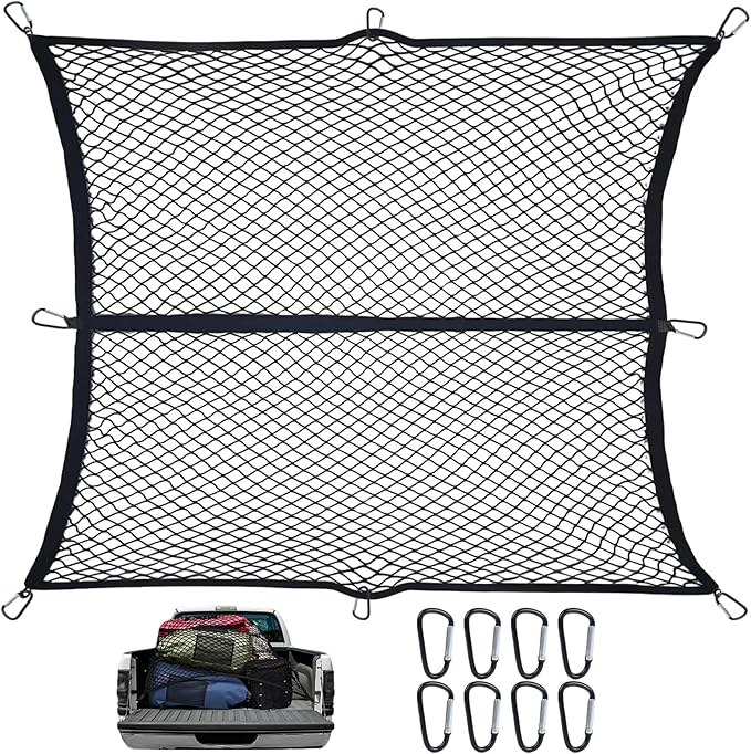 Cargo Net for Pickup Truck Bed - Heavy Duty Stretchable 4x4 to 8x8 Elastic Mesh with 8 Heavy-Duty Steel Hooks, Windproof Design Secures Loose Items for Trucks, SUVs, ATVs & Boats