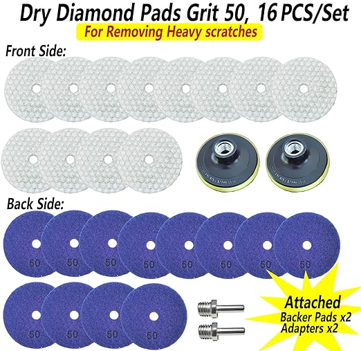 16 Packs Dry Diamond Polishing Pads Grit 50, 4 Inch Dry/Wet Granite Sanding Pad for Bufffing Marble Quartz Concrete Stone Tiles Used for Grinder Polisher Drill