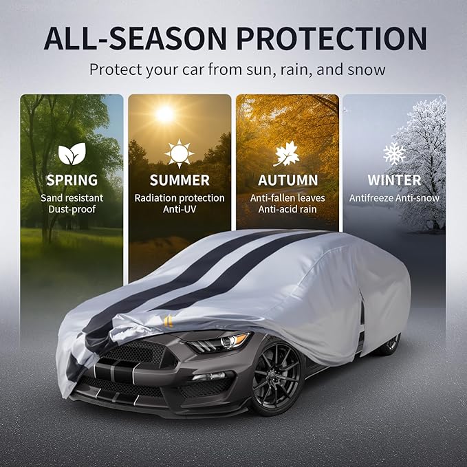 Multi-Layer Car Cover Custom Fit for Ford Mustang(Mach-E)(1993-2026), 100% Waterproof All Weather for Automobiles, Gift with Towel, Heavy Duty Car Covers for Rain Sun UV Protection with Door Zipper.