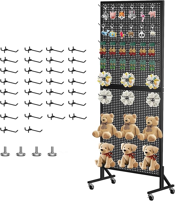 Peg Board Display Stand 24" X70” Metal Pegboard on Wheels Standing Rack Organizer Panels Units with 30 Hooks and T-Base for Ornament Retail & Vendors Craft Show Store Display