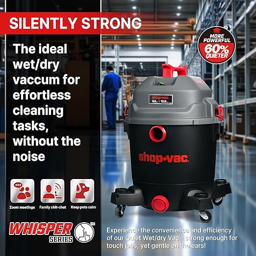 Shop-Vac 5430098 Ultra Quiet Wet/Dry Vacuum, 12 Gallon, 5.5 HP Powerful Suction & Heavy Duty for Jobsite, Garage, Workshop & Home