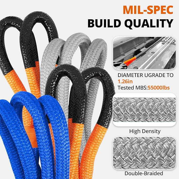 Kinetic Recovery Tow Rope: 1.26" x 30ft 55000LBS Snatch Strap Heavy Duty Offroad Towing Straps Kit for Trucks SUV UTV ATV Tractor Car Jeep - Blue