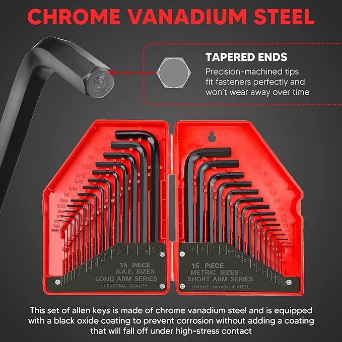 YIYITOOLS - HN-1-001 Hex Key Allen Wrench Set – 30-Piece Industrial Grade Set Tools, 1/20-3/8 inches, 1.27-10 mm, Black and Silver