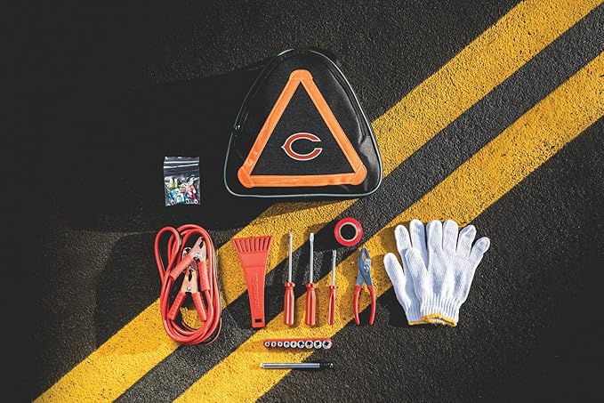 PICNIC TIME NFL Roadside Emergency Car Kit, Auto Vehicle Safety Road Side Assistance with Jumper Cables and Car Tool Kit, (Black with Orange Accents)