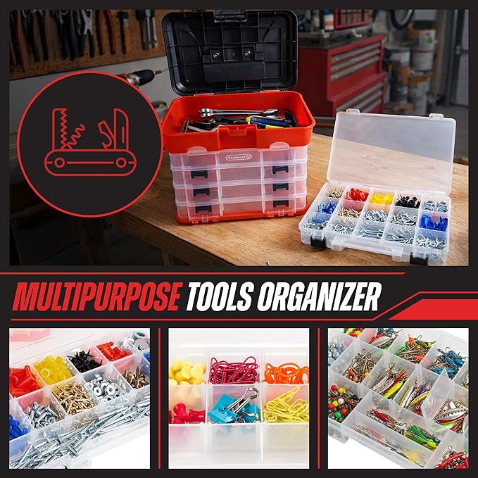 Portable Tool Storage Box - Small Parts Organizer with 4 Multi-Compartment Trays for Fishing Tackle, Hand Tools, or Craft Supplies by Stalwart (Red)