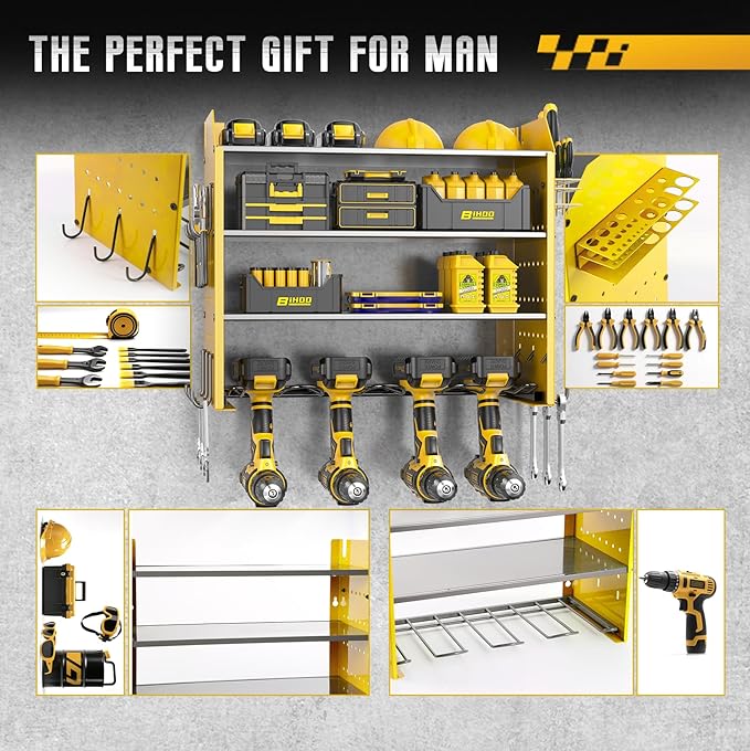 Heavy Duty Rack for Power Tool Organizer, 4 Tier Power Tool Organizer Wall Mount for Drills, Tool Battery Storage, Wall Holder with Hooks,Yellow