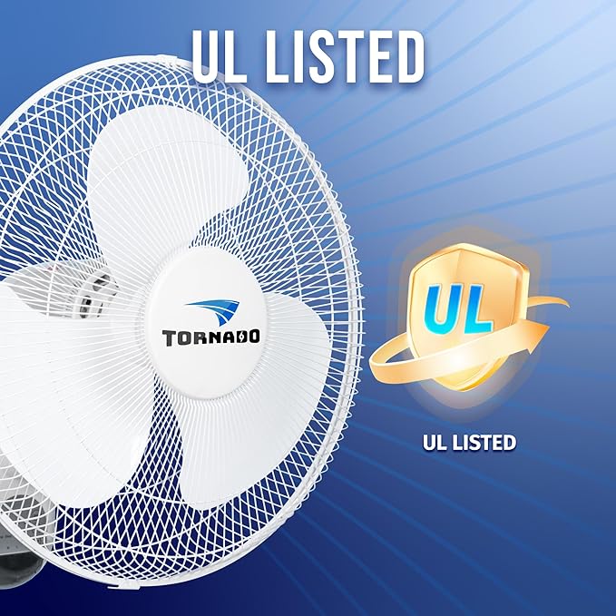 Tornado 2 Pack 16 Inch Wall Mounted Fan for Home, 90°Oscillating, Remote Control, 3 Speed 2650 CFM 6 FT Cord UL Safety Listed