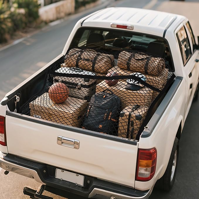 Cargo Net for Pickup Truck Bed for Dodge Ram 1500 2500 3500 Crew Quad Cab Classic 2000-2025 2026 Mesh Organizer Stretchable 4'x4' to 7'x7' Netting Highly Elastic