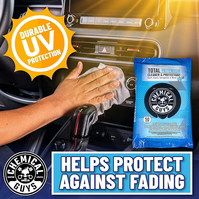 Chemical Guys Total Interior Cleaner & Protectant Wipes – 50 Pack Multi Surface Car Interior Cleaning Wipes for Dashboards, Doors and Seats – Safe for Trucks, SUVs, RVs and Home Use