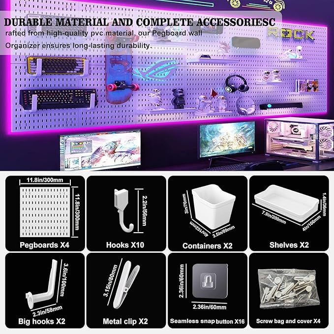 Pegboard Combination Kit, Modular White Pegboard Wall Organizer with 4 Pegboards & Accessories Hanging for Gaming Office Wall Storage Organizer, Crafts Displays