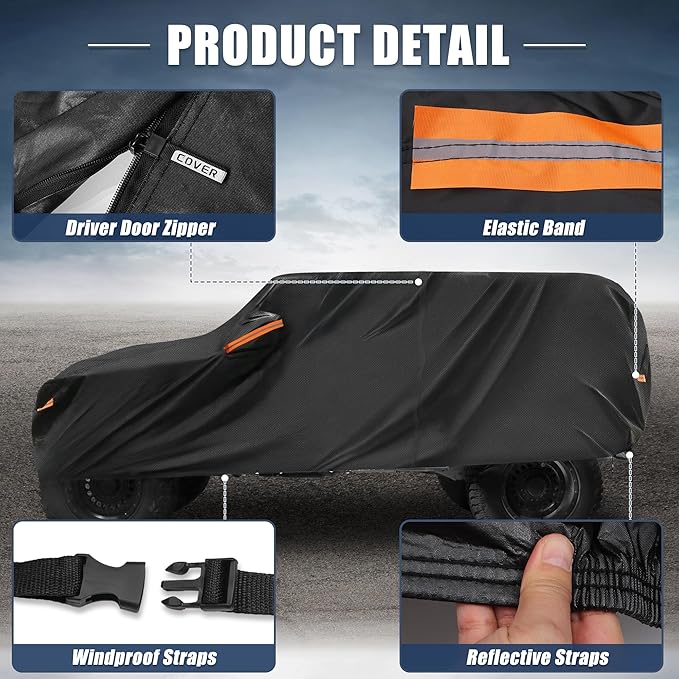 X AUTOHAUX Car Cover for Jeep Wrangler 4DR 2007-2017 Aluminum Film Outdoor Waterproof Sun Rain Snow Hail Protection with Driver Door Zipper