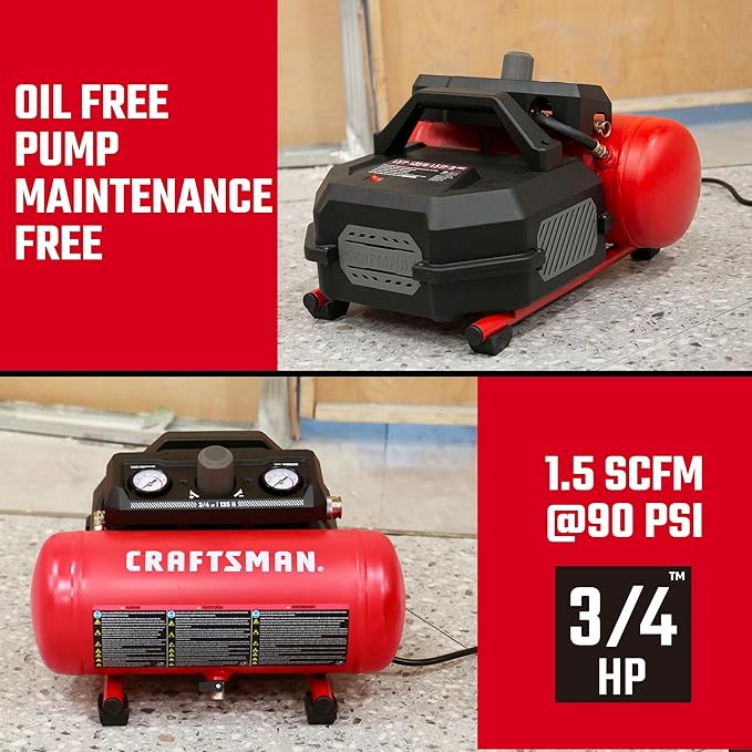 CRAFTSMAN Air Compressor, 1.5 Gallon, 3/4 HP, Max 125 PSI, 1.5 CFM@90psi, Fast Fill Air Compressor, Oil-Free, Portable Air Compressor for DIY Workshop,Spray Painting, Tire Inflation