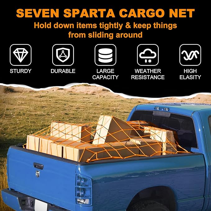 Seven Sparta 5’ x 7’ Bungee Cargo Net Stretches to 10' x 14' for Truck Bed, Pickup Bed, Trailer, Trunk, SUV with 16 Bonus D Clip Carabiners Car Organizer Net for Large Loads (Orange, 5'x7')