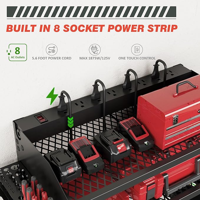 Power Tool Organizer Wall Mount with Charging Station, 8 Outlet Heavy Duty Metal Garage Tool Storage Rack, 23 Inch 3 Tier Shelves for Workshop & Garage Organization