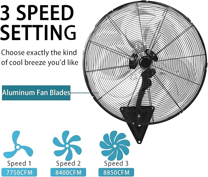 AZOUTDOOR 24" Wall Mount Fan, 120° Oscillating Fan and High Velocity 3-Speed Wall Fans, 8850 CFM Industrial Outdoor Wall Fans for Commercial, Garage, Residential, Warehouse - Etl Listed, Black