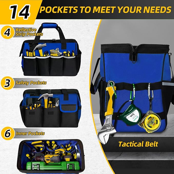 NECKORY Tool Bag, Portable Tool Box Organizer Adjustable Shoulder Strap, Carry Tool Tote Heavy Duty Tool Storage Bag With Wide Mouth,Tool Bags for Men Mechanic EngineerGift - L, Blue & Black