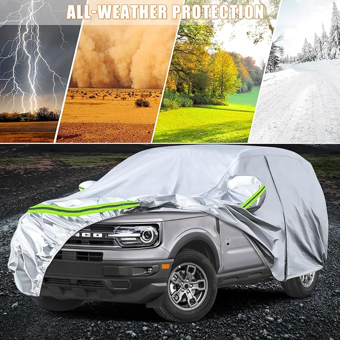 Waterproof Car Covers Replace for 2021-2025 Ford Bronco Sport, 6 Layers Silver All Weather Car Cover with Zipper Door & Windproof Bands for Snow Rain Dust Hail Protection