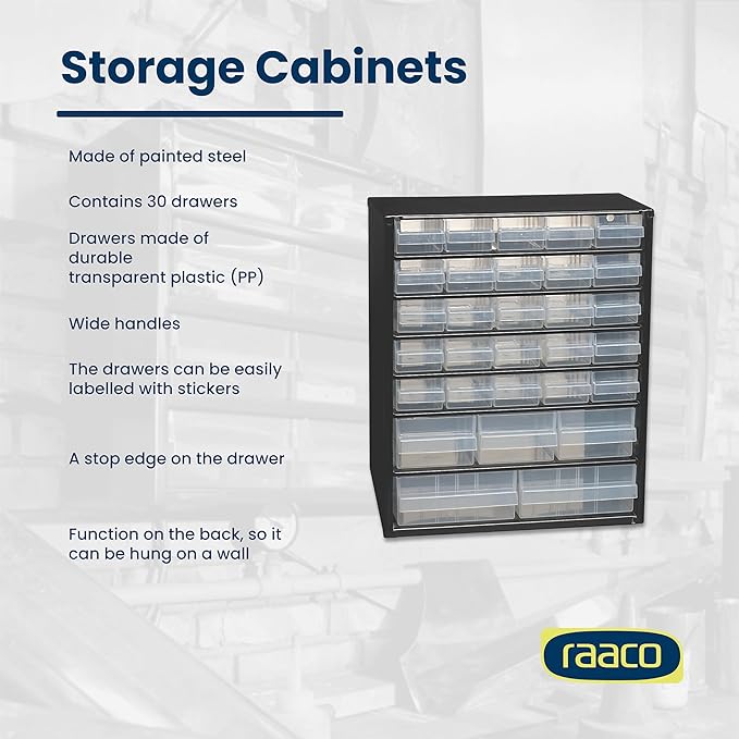 Raaco Steel Storage Cabinet, Standard 30-Drawer, Clear Polypropylene Plastic Drawer – Small Parts Organizer, Screws, Nuts & Bolts, Crafts & Hardware – Tool Cabinet for Workbench & Wall Storage (C9-30)
