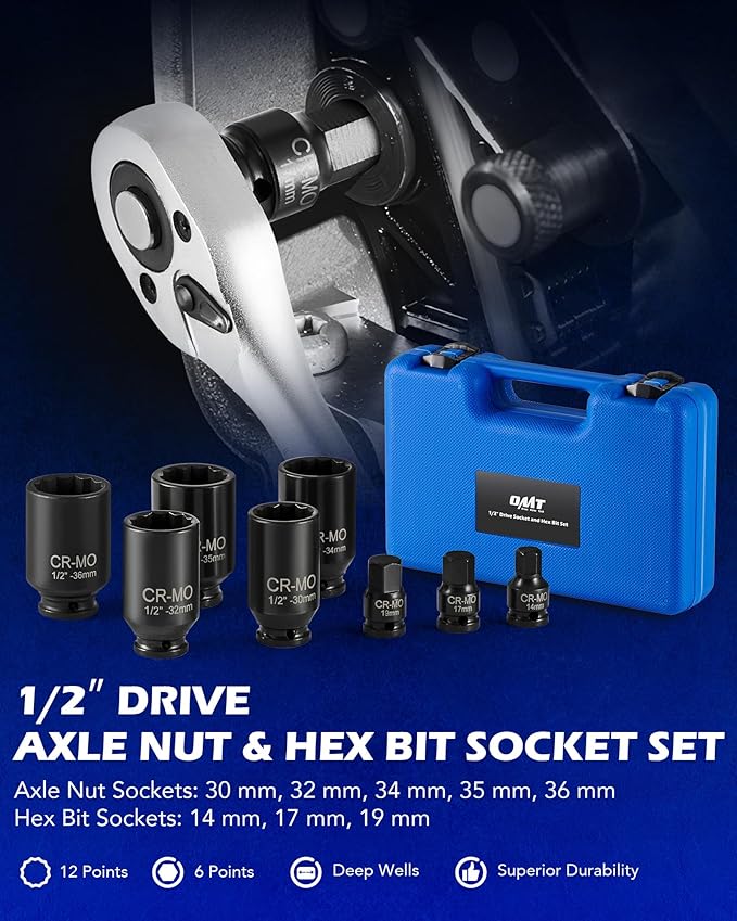 Orion Motor Tech 8pc 1/2" Drive Axle Nut Socket Set, Metric 12 Point CR-MO Axle Nut Impact Socket Set, Extra-Deep Spindle Axle Nut Sockets with Storage Case, 14mm 17mm 19mm, 30mm 32mm 34mm 35mm 36mm