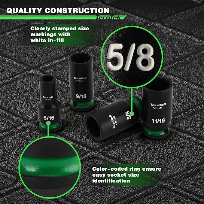 3/8-Inch Drive 12-Point SAE Semi-Deep Impact Socket Set, Mid-Length Socket Set, 5/16-Inch to 1-Inch, CR-MO, Stamped and Ink Filled Size Marking, 12-Piece