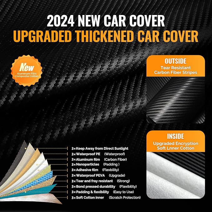 30 Layers Car Cover for Automobiles All Weather Waterproof, Outdoor Snowproof UV Protection Windproof, Door Zipper, Soft Cotton, Heavy Duty Universal Car Covers, (Black, Fit Sedans 181"-190")