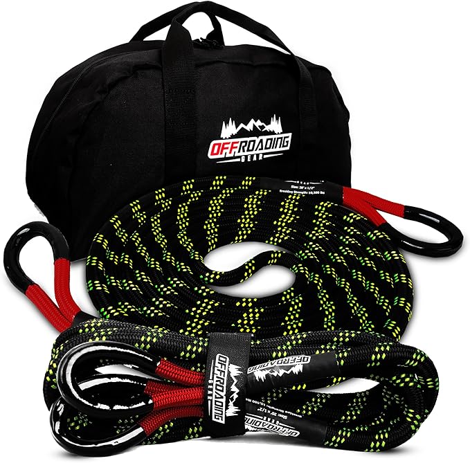 Offroading Gear 4x4 20'x3/4" Kinetic Recovery Rope & Tow Rope Kit| Black (19,000 lbs) | Elastic Snatch Strap | Heavy-Duty Loops | Truck |ATV| UTV| Jeep| Car| SUV| Etc.