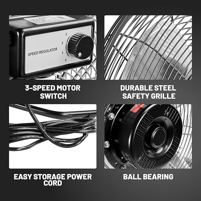 NORTHSKY 24" Floor Fan, 4950 CFM Industrial Fan, 3 Speeds, Durable Steel Safety Grille, 1/4 HP, 360° Head Hit, for Manufacture, Construction, Warehousing with UL-Certified Safety Compliance