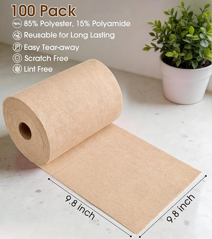 KitchLife Microfiber Cleaning Cloth Roll, 100 Pack - Tear-Away Microfiber Paper Towels, Lint-Free, Reusable, Washable for Kitchen, Car, Dishes, and Sensitive Surfaces (Wheat)