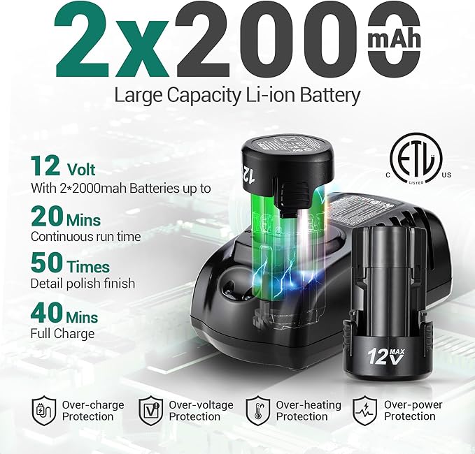 DCA 12V Cordless Buffer Polisher, 3" Brushless Mini Car Polisher & 2" Sander Machine Kit with 2x 2.0Ah Batteries, 2 Variable Speed 2800-8300RPM for Car Detailing Polishing/Buffing/Sanding/Waxing