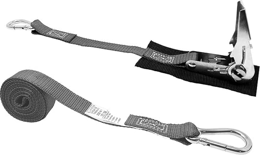 1 Inch Stainless Steel Ratchet Strap, Protective Pad Under Buckle Stainless Steel Carabiner Clip with Grommet On Each End, Fixed End Strap, Total Strap Length 8 Ft