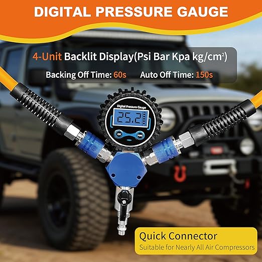 Outran 4 Tire Inflation Deflation System Up to 200" Wheelbase,High Flow 4 Tire Inflator for Truck, Car, Trailers & Motorcycles with Digital Tire Pressure Gauge and Closed Flow Air Chuck