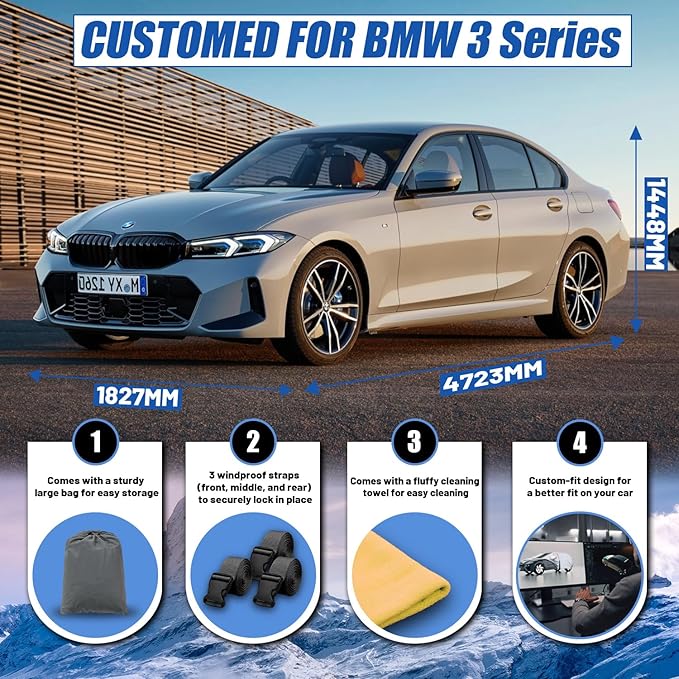 Car Cover Custom Fit for BMW 3 Series 320i 325i 328i 330i 335i Sedan (2013-2025), Waterproof All Weather for Automobiles Full Exterior Cover Rain Sun Snow UV Protector.