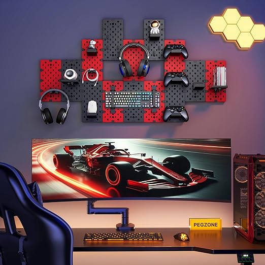 PEGZONE 14 PCS Controller and Headphone Holder Wall Mount, Modular Gaming Pegboard with Accessories, Video Game Storage, Disc Shelf, 14pcs Pegboard, Black & Red
