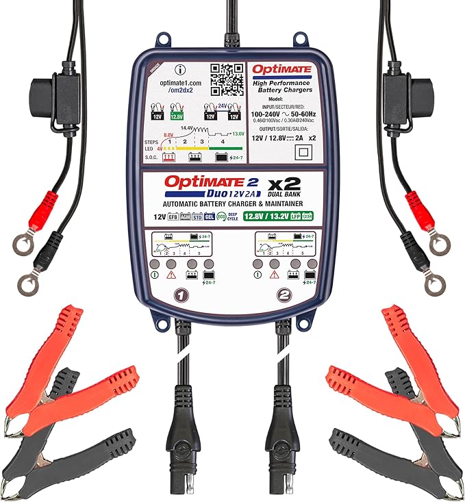 Tecmate Optimate 2 Duo x 2 Bank, TM-571, Bronze Series: 5-Step 2X 12V / 12.8V 2A Sealed Battery Charger & maintainer, Blue