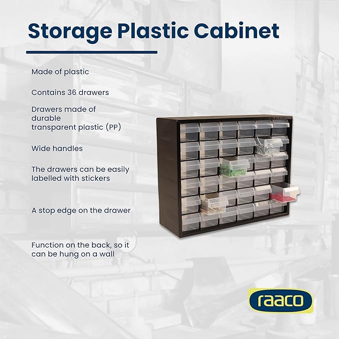 Raaco Plastic Storage Cabinet, 36-Drawer Black Organizer – Impact Proof Plastic Drawer – Small Parts, Screws, Nuts & Bolts, Crafts, Makeup & Toy Storage – Wall Mount or Freestanding (PC36)