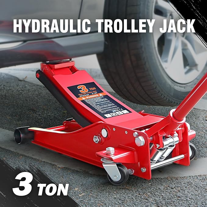 PM PERFORMOTOR Low Profile Hydraulic Trolley Service/Floor Jack, 3 Ton (6000 lbs) Capacity, Lifting Range 3"-20",Red,PM-TOL-FJ30-RD