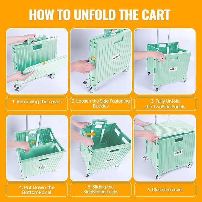 Folding Utility Cart Portable Rolling Crate Handcart Shopping Trolley Collapsible Tool Box, with Lid, Basket on 4 Rotate Wheels, for Grocery, Garden, Office, Storage, Teacher, Tool (Green)