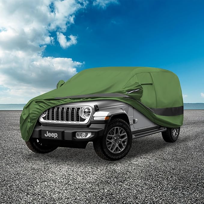 Heavy Duty Outdoor Car Cover Compatible with 2007-2026 Jeep Wrangler 4 Door,Waterproof All Weather for Automobiles, Outdoor Full Cover Rain Sun UV Protection with Zipper Cotton