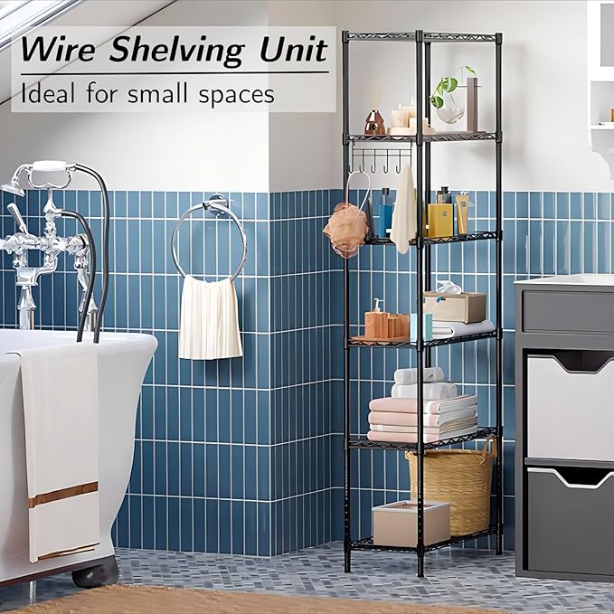 Homdox 6-Tier Storage Shelf Wire Shelving Unit Free Standing Rack Organization Adjustable Leveling Feet, Stainless Side Hooks, Black