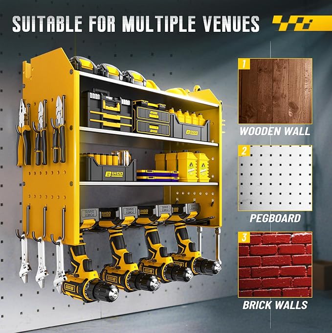 Heavy Duty Rack for Power Tool Organizer, 4 Tier Power Tool Organizer Wall Mount for Drills, Tool Battery Storage, Wall Holder with Hooks,Yellow
