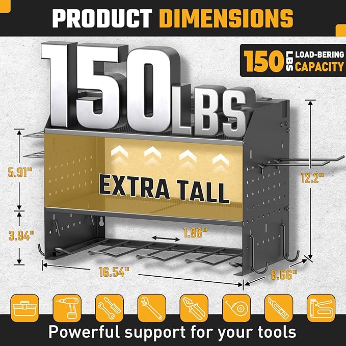 ZESEN Power Tool Organizer Wall Mount, 3 Layer Charging Station with 6 Outlets, 4 Drill Holders and Drill Bit Rack, Tool Holder Storage Shelf Rack for Garage, Workbench and Workshop, Black