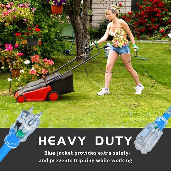YOJOE Indoor Outdoor Extension Cord with Lighted End, 3 Prong 15A Weatherproof Power Cord, 12 Gauge Heavy Duty 30 ft Blue Extension Cord for Garage, Garden and Home, 12/3 SJTW UL Listed