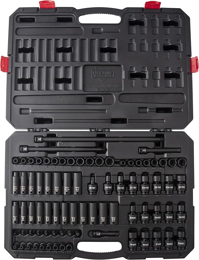 SUNEX Tools 80 Piece 3/8 in. Drive Master Impact Socket Set, Universal, Star, External Star, Extensions, Universal Joint, SAE and Metric, 8mm to 19mm and 5/16 in. to 3/4 in., CR-MO Steel, Model 3580