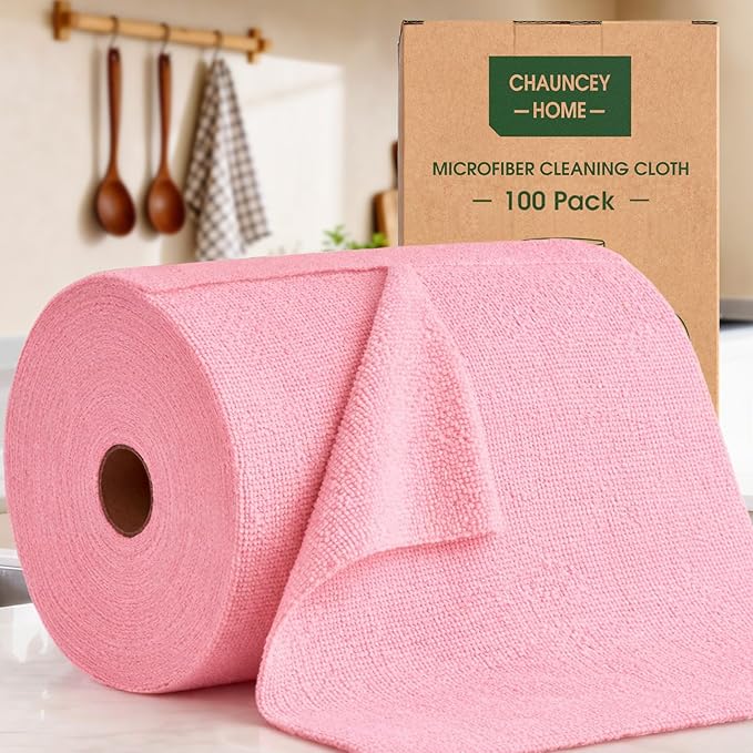 Microfiber Cleaning Cloth Roll - 100 Pack Tear Away Microfiber Paper Towels, Reusable, Washable, Scratch-Free, Kitchen Towels for Car, Home, Kitchen, Glass, Dishes(Pink)