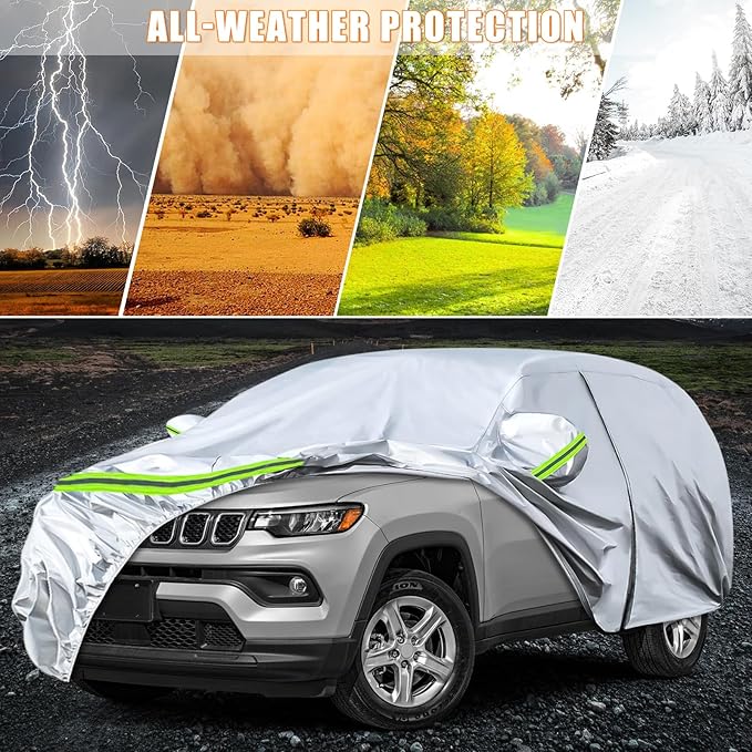 Waterproof Car Covers Replace for 2007-2025 Jeep Compass, 6 Layers Silver All Weather Custom-fit Car Cover with Zipper Door & Windproof Bands for Snow Rain Dust Hail Protection