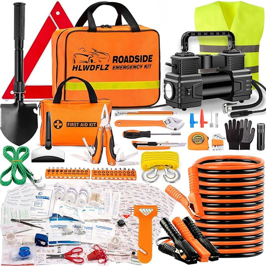 Car Emergency Kit with Portable Air Compressor - Roadside Assistance Emergency Kit with Jumper Cables, First Aid Kit, Auto Tool Set, Winter Safety Kit for Women, Men, Teen (Orange)