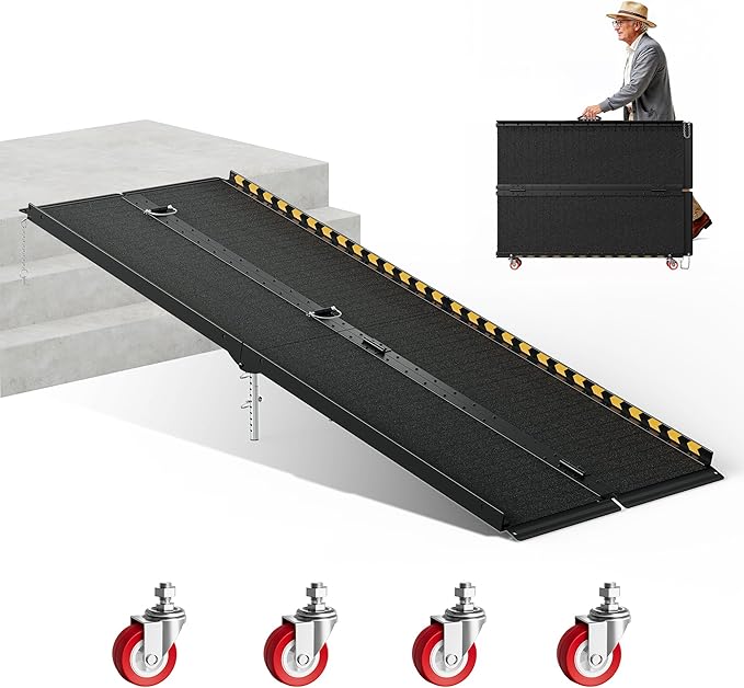 CAMMOO 7 FT Portable Wheelchair Ramp-800LBS Heavy-Duty, High-Strength Aluminum Alloy with 4 Adjustable Legs, 4 Wheels, Triple Anti-Slip and Seamless Design, Ideal for Home Steps, Threshold, Doorways