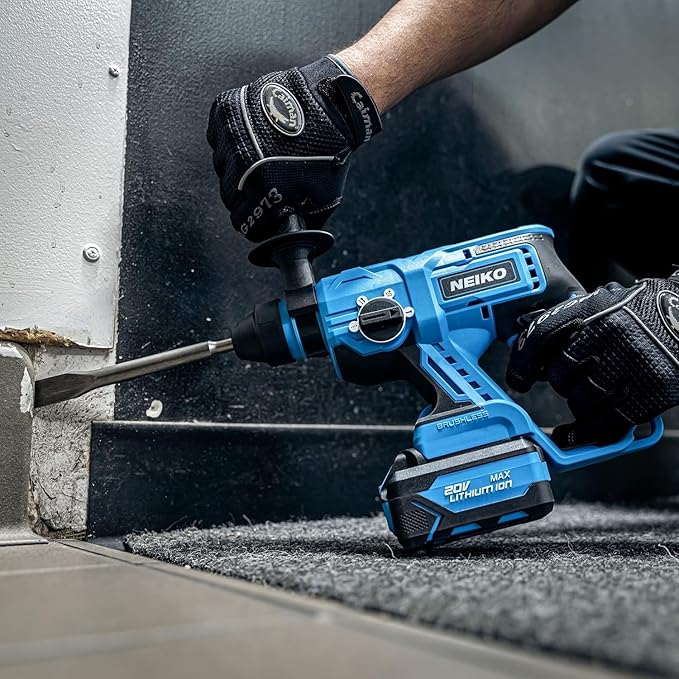 NEIKO 10882A Cordless Rotary Hammer Drill, Includes 20-Volt Li-ion Rechargeable Battery, Fast Charger, SDS Plus Hammer Drill, Heavy Duty Brushless Demolition Hammer, Cordless Hammer Drill, Rotohammer