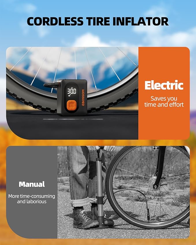 EBOSSOM Tire Inflator Portable Air Compressor Cordless Bike Pump with Digital Dual Values Display, 130 PSI Car Tires Pump with LED Lights Air Pump for Bikes, Motorcycles, Balls（15cm Car Air Hose）